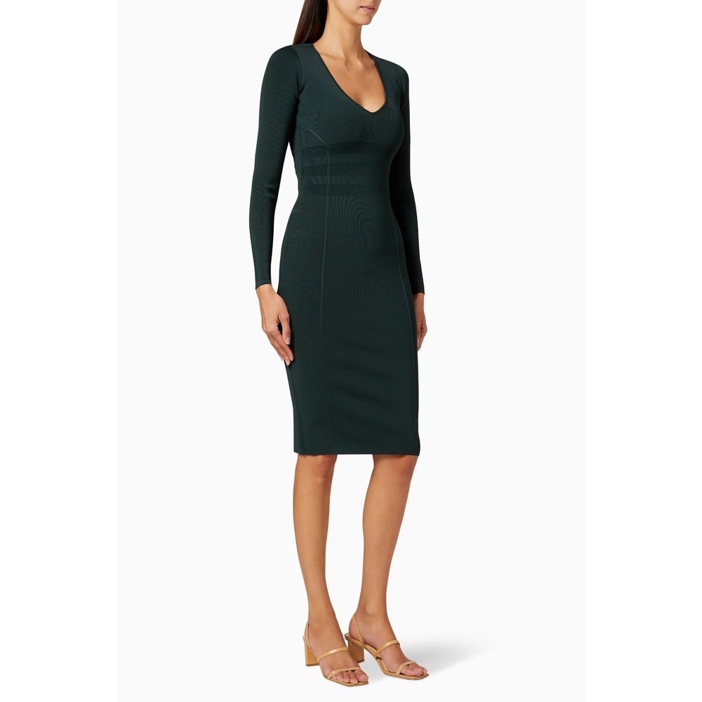 NWT Good‎ American Low Down Dress Sz 1/S Emerald V Neck Long Sleeve Midi Bodycon